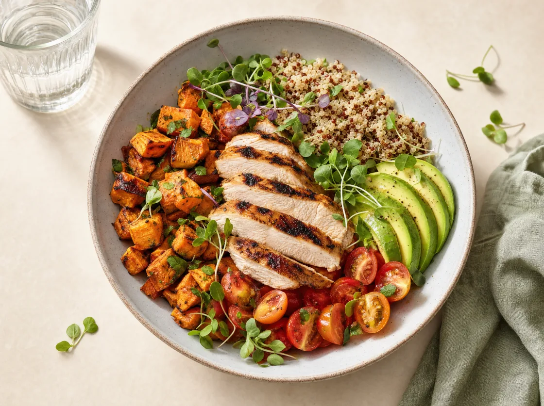 A measured meal: grilled chicken over quinoa with roasted sweet potato, avocado and tomatoes