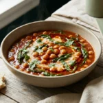 Harissa chickpea stew in a matte ceramic bowl with chickpeas, wilted spinach and torn cilantro, flatbread alongside