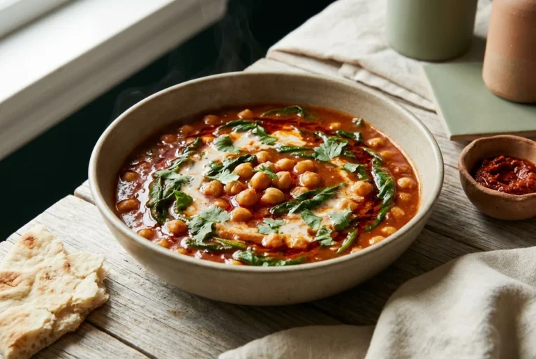 Harissa chickpea stew in a matte ceramic bowl with chickpeas, wilted spinach and torn cilantro, flatbread alongside