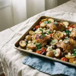 Sheet pan Greek chicken with roasted potatoes, olives, feta, and charred lemon on a baking tray