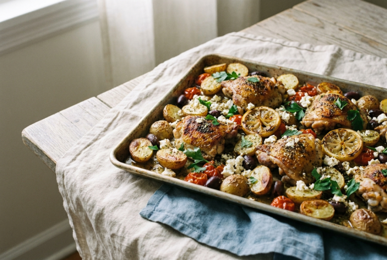 Sheet pan Greek chicken with roasted potatoes, olives, feta, and charred lemon on a baking tray