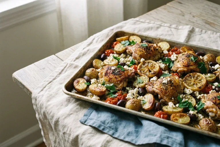 Sheet pan Greek chicken with roasted potatoes, olives, feta, and charred lemon on a baking tray