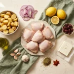Raw chicken thighs, baby potatoes, lemons, olives, feta, and oregano laid out for sheet pan Greek chicken