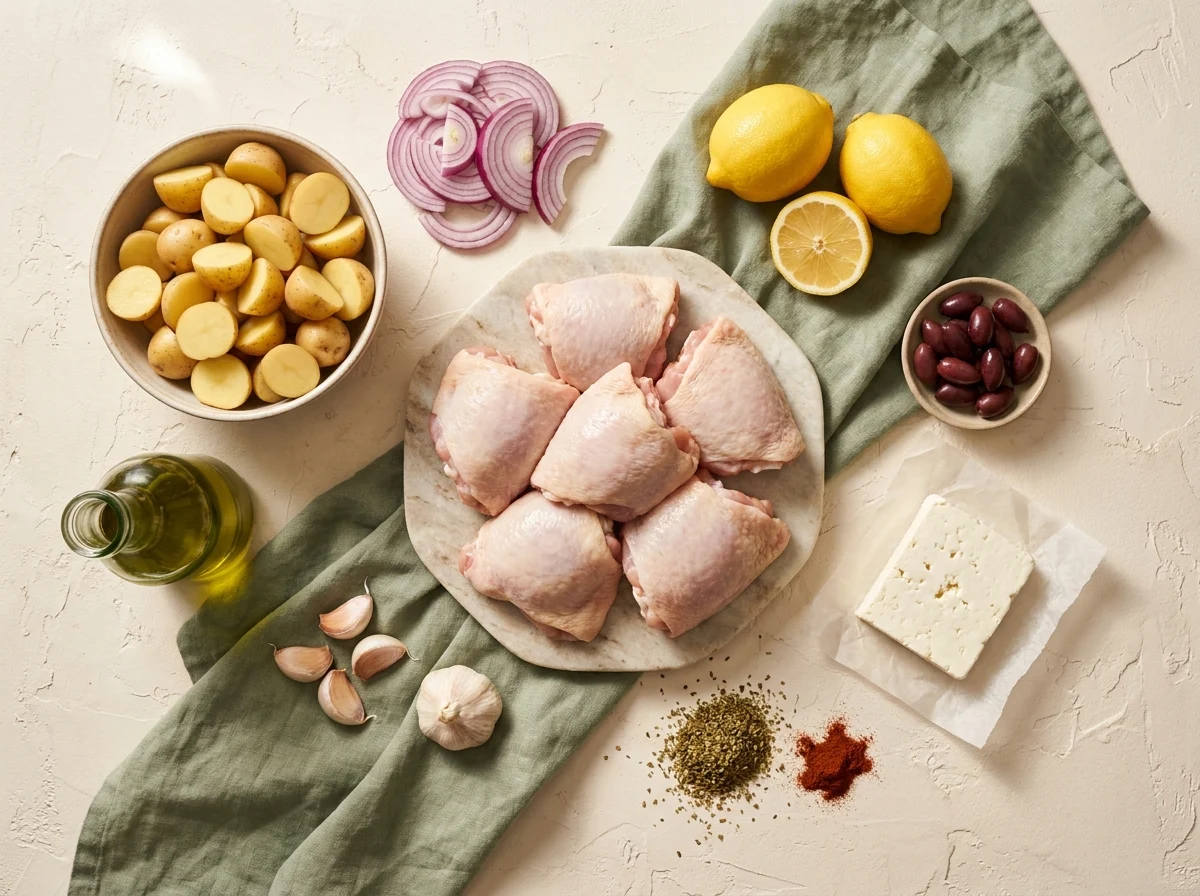 Raw chicken thighs, baby potatoes, lemons, olives, feta, and oregano laid out for sheet pan Greek chicken