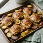 Seasoned chicken thighs and halved potatoes part-way through roasting on a sheet pan