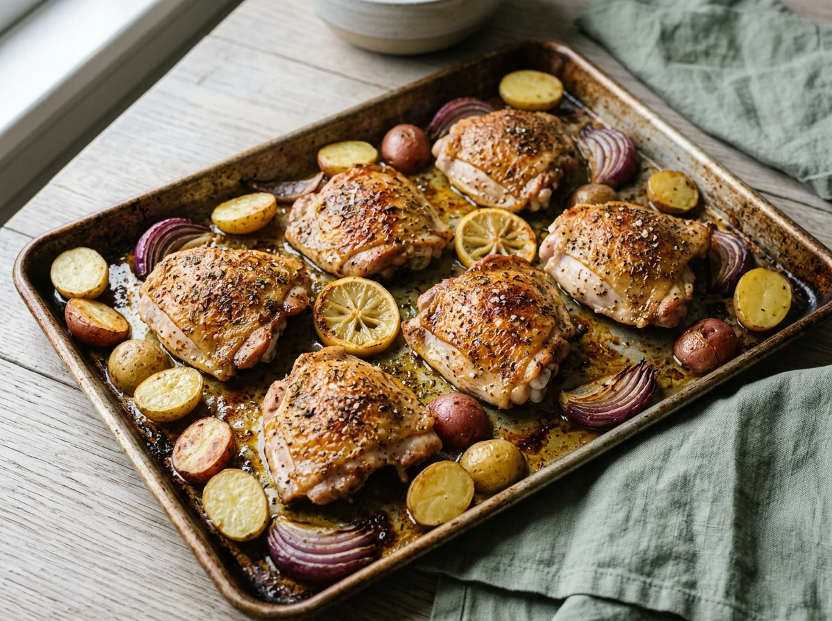 Seasoned chicken thighs and halved potatoes part-way through roasting on a sheet pan