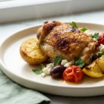 Close view of a roasted Greek chicken thigh with crisp skin, crumbled feta, olive, and burst tomato