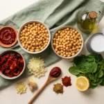 Chickpeas, harissa paste, fire-roasted red peppers, onion, ginger, coconut milk and spices laid out for harissa chickpea stew