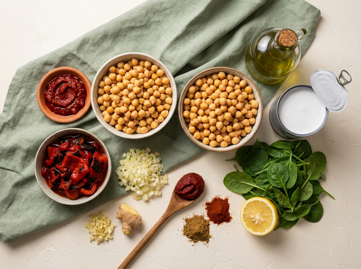Chickpeas, harissa paste, fire-roasted red peppers, onion, ginger, coconut milk and spices laid out for harissa chickpea stew