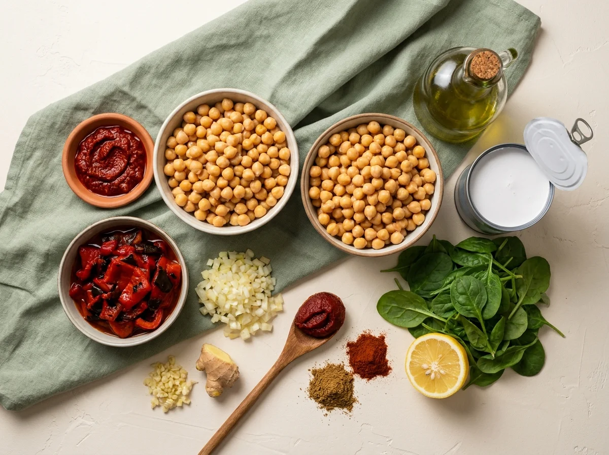 Chickpeas, harissa paste, fire-roasted red peppers, onion, ginger, coconut milk and spices laid out for harissa chickpea stew