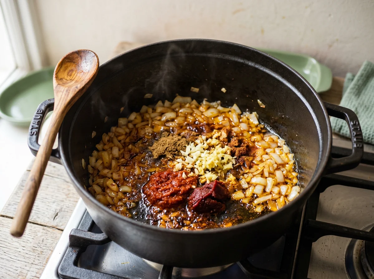 Harissa paste and tomato paste darkening in olive oil with onion, garlic and ginger in a cast-iron pot