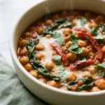Close view of harissa chickpea stew showing whole chickpeas, wilted spinach, roasted pepper and a swirl of coconut milk