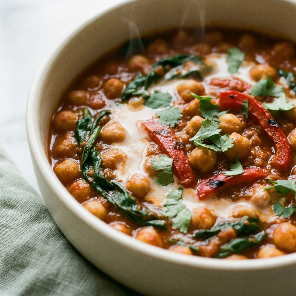 Close view of harissa chickpea stew showing whole chickpeas, wilted spinach, roasted pepper and a swirl of coconut milk