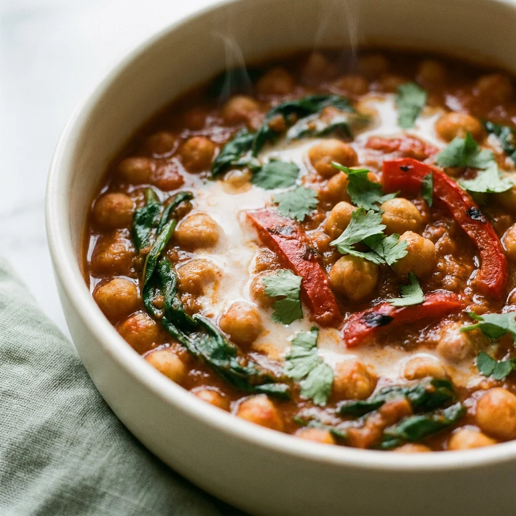 Close view of harissa chickpea stew showing whole chickpeas, wilted spinach, roasted pepper and a swirl of coconut milk
