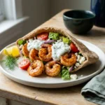 Mediterranean shrimp pita with garlic tzatziki, cherry tomatoes and feta on a matte cream plate