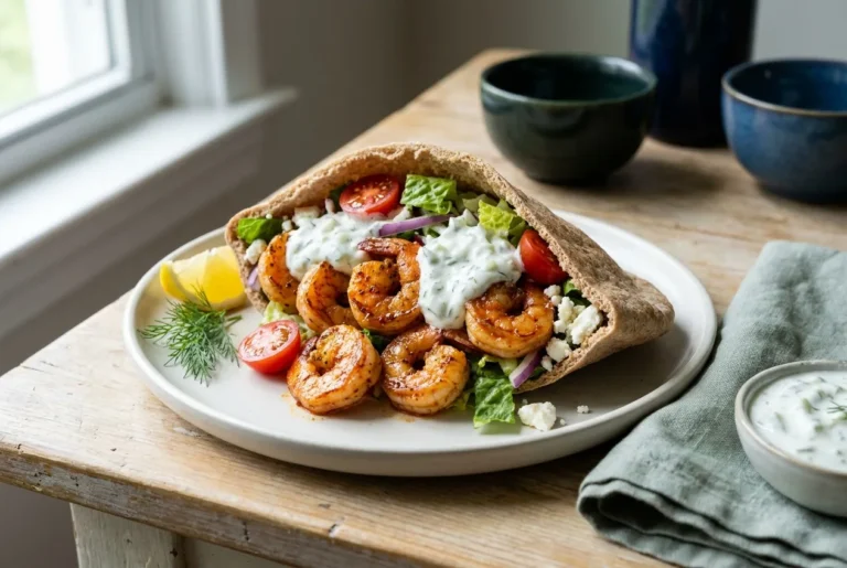 Mediterranean shrimp pita with garlic tzatziki, cherry tomatoes and feta on a matte cream plate