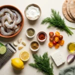 Ingredients for shrimp pita with tzatziki: raw shrimp, Greek yogurt, cucumber, dill, lemon, pita