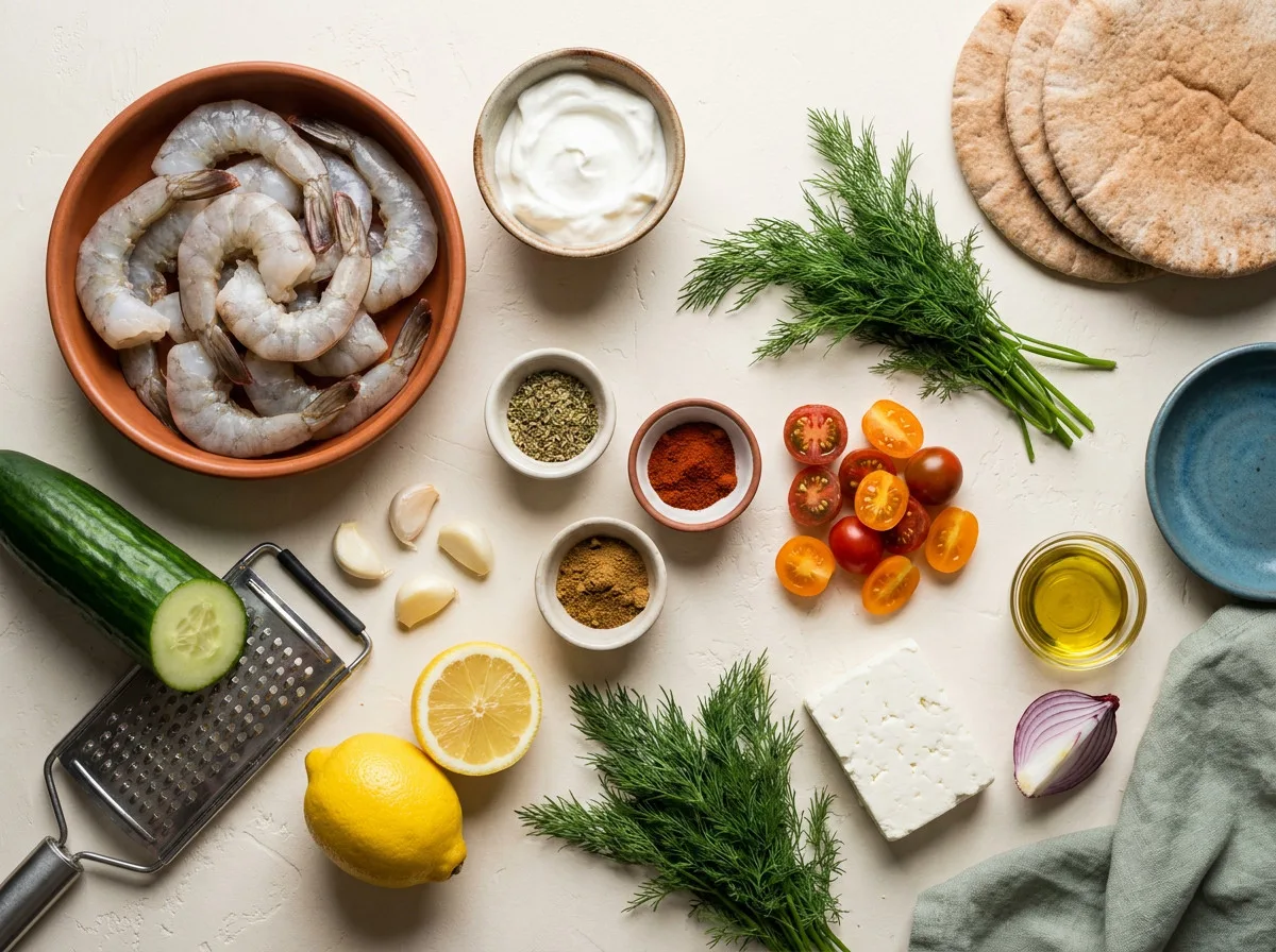 Ingredients for shrimp pita with tzatziki: raw shrimp, Greek yogurt, cucumber, dill, lemon, pita