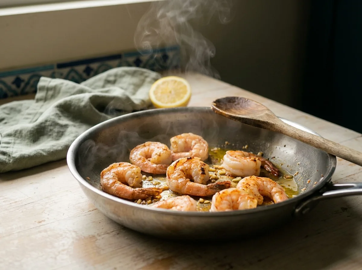 Seasoned shrimp searing in a hot steel skillet for shrimp pita, edges just turning opaque pink