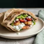 Close-up cross-section of a folded shrimp pita showing tzatziki, tomatoes, romaine and feta