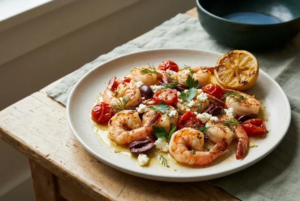 Air fryer Mediterranean shrimp with blistered cherry tomatoes, feta and dill on a matte ceramic platter