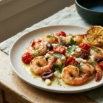 Air fryer Mediterranean shrimp with blistered cherry tomatoes, feta and dill on a matte ceramic platter