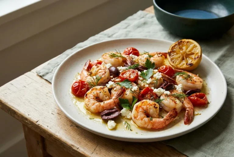 Air fryer Mediterranean shrimp with blistered cherry tomatoes, feta and dill on a matte ceramic platter