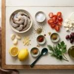 Raw shrimp, garlic, lemon, oregano, olives, feta and cherry tomatoes laid out for Mediterranean shrimp