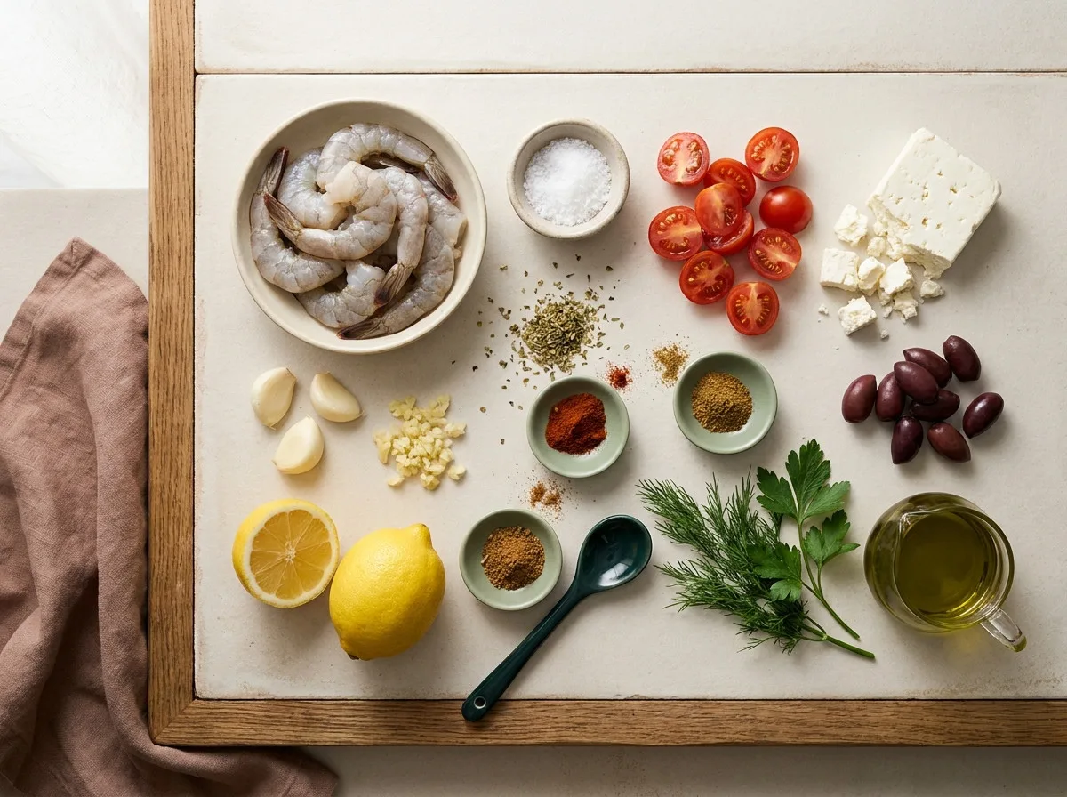 Raw shrimp, garlic, lemon, oregano, olives, feta and cherry tomatoes laid out for Mediterranean shrimp