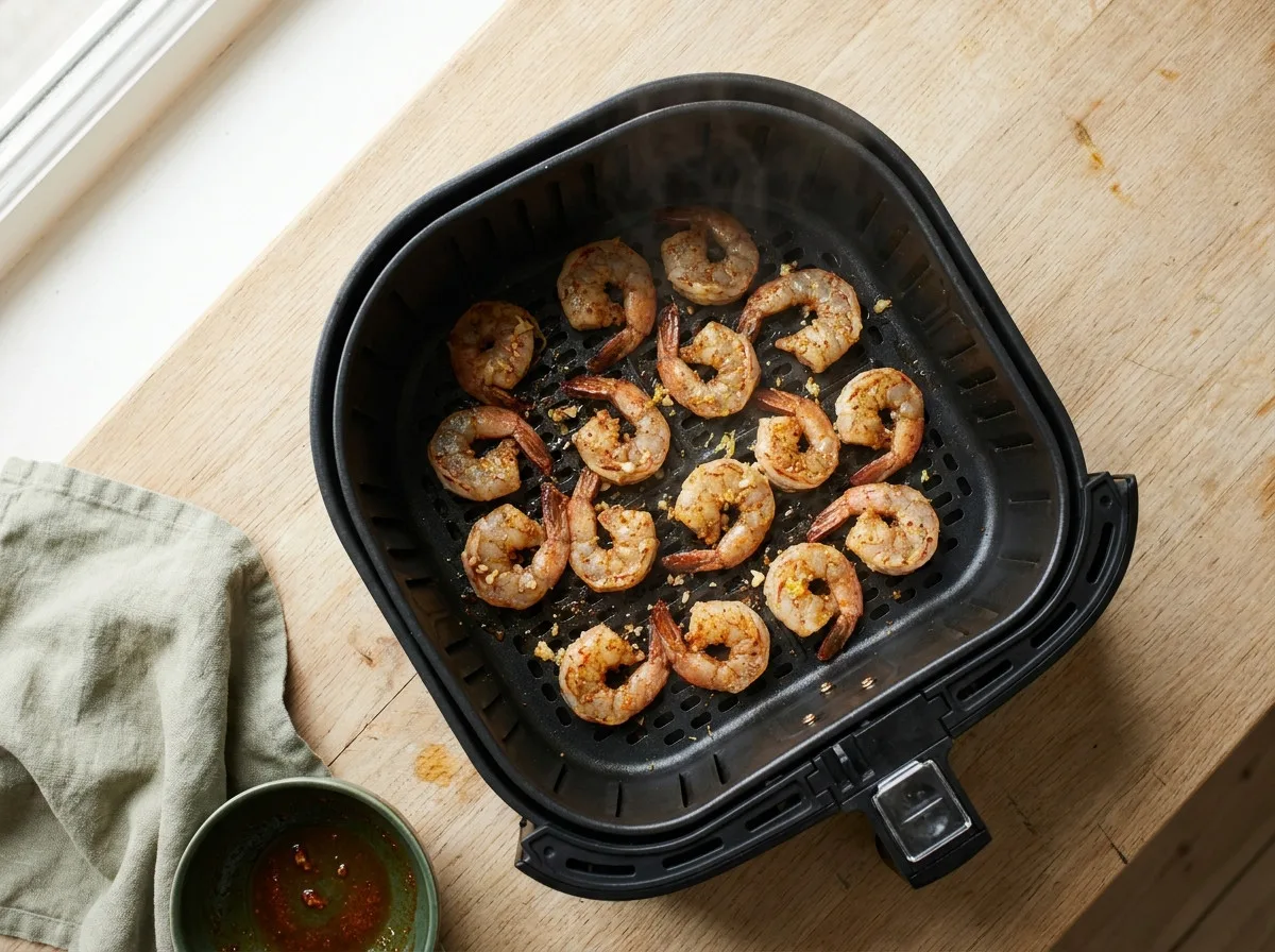 Seasoned shrimp in a single layer in an air fryer basket, curling and turning pink at the edges