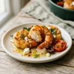 Close-up of Mediterranean shrimp showing juicy pink flesh, crumbled feta, dill and glossy lemon oil