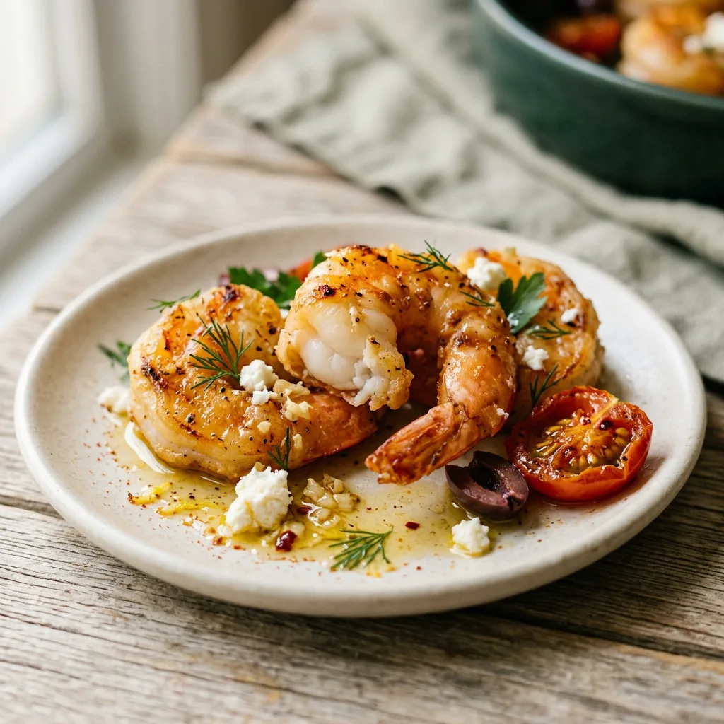 Close-up of Mediterranean shrimp showing juicy pink flesh, crumbled feta, dill and glossy lemon oil