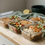 Mediterranean shrimp meal prep bowls in four glass containers with farro, roasted zucchini, chickpeas and feta