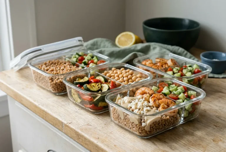 Mediterranean shrimp meal prep bowls in four glass containers with farro, roasted zucchini, chickpeas and feta
