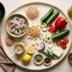 Raw shrimp, farro, chickpeas, zucchini, red pepper, cucumber, tahini and lemon laid out for meal prep bowls