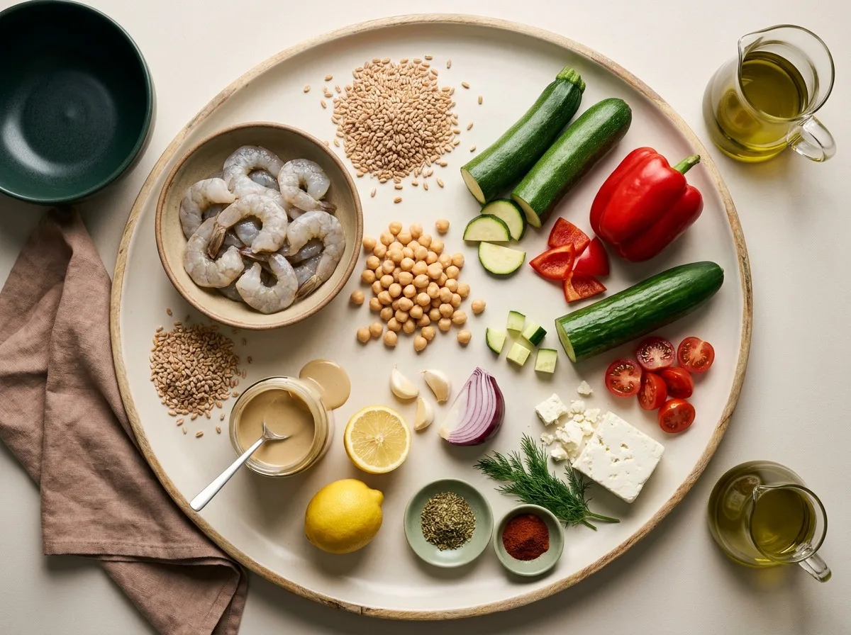 Raw shrimp, farro, chickpeas, zucchini, red pepper, cucumber, tahini and lemon laid out for meal prep bowls