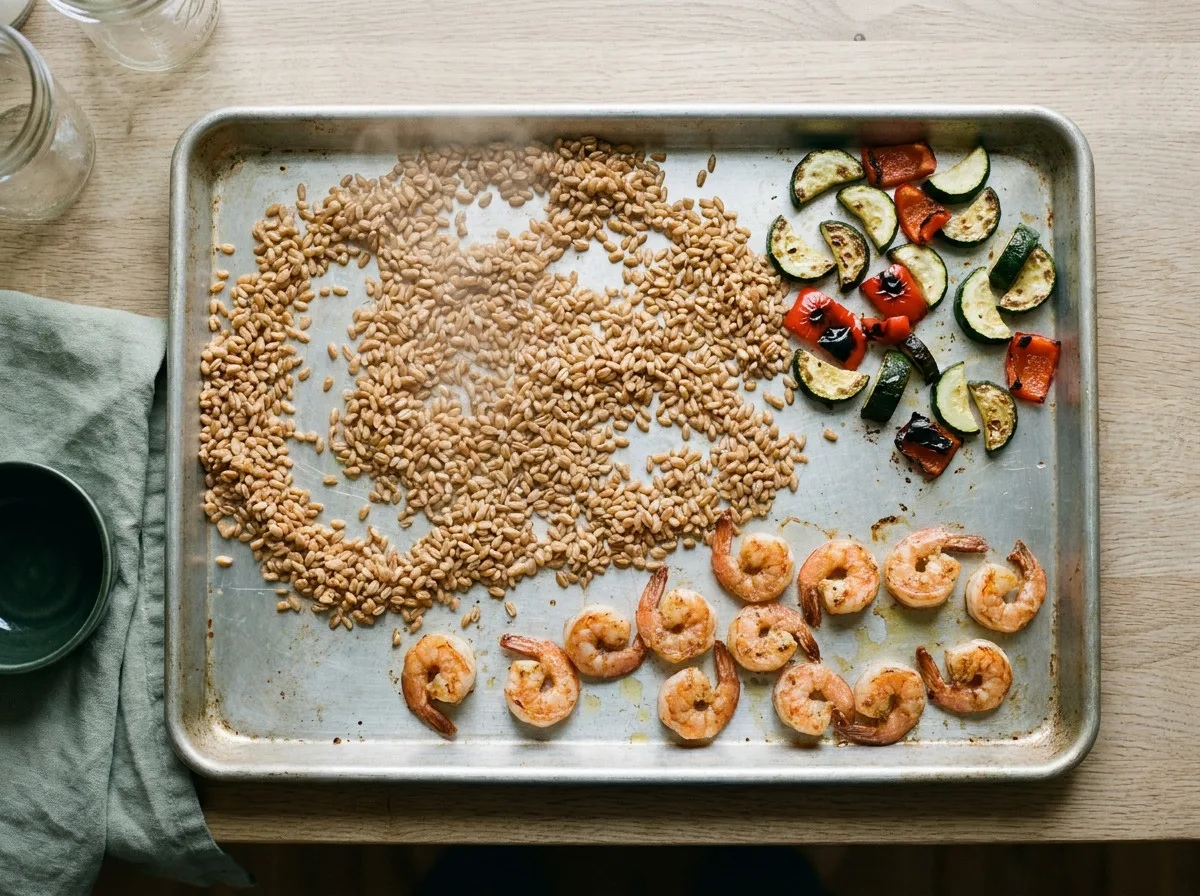 Cooked farro, roasted zucchini and seared shrimp spread on a sheet pan to cool before packing