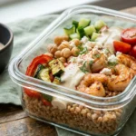 Close-up of one shrimp meal prep bowl with lemon tahini pooling over farro, feta and dill