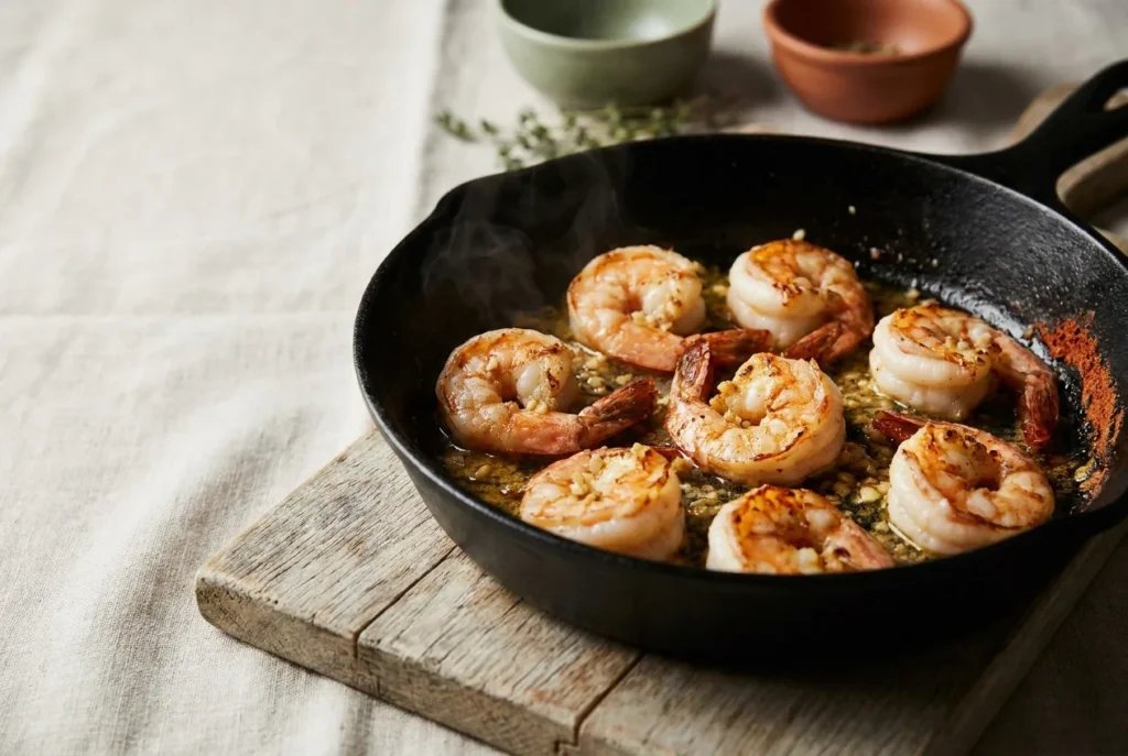 Carnivore garlic butter shrimp glistening in a cast iron skillet with golden butter pooled between them