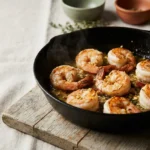 Carnivore garlic butter shrimp glistening in a cast iron skillet with golden butter pooled between them
