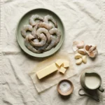 Raw peeled shrimp, cubes of butter, whole garlic cloves, flaky salt and a jug of cream on linen