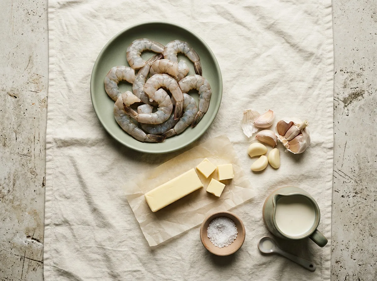 Raw peeled shrimp, cubes of butter, whole garlic cloves, flaky salt and a jug of cream on linen