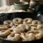 Shrimp searing spaced apart in foaming butter, undersides opaque and edges turning rust brown