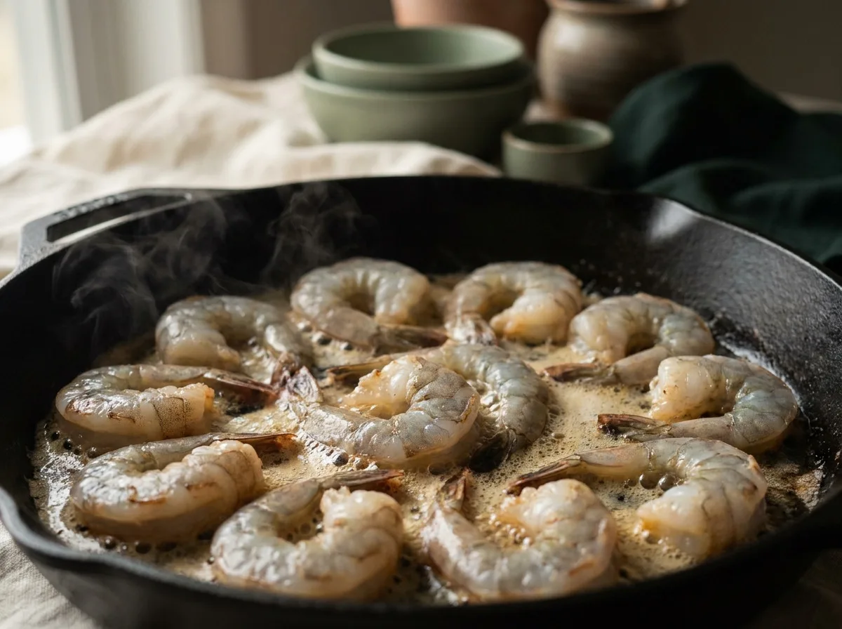 Shrimp searing spaced apart in foaming butter, undersides opaque and edges turning rust brown