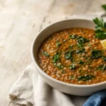 Bowl of Mediterranean lentil soup with wilted greens, parsley, and a lemon wedge on a linen cloth