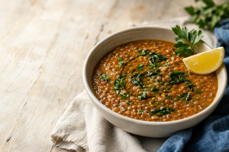 Bowl of Mediterranean lentil soup with wilted greens, parsley, and a lemon wedge on a linen cloth