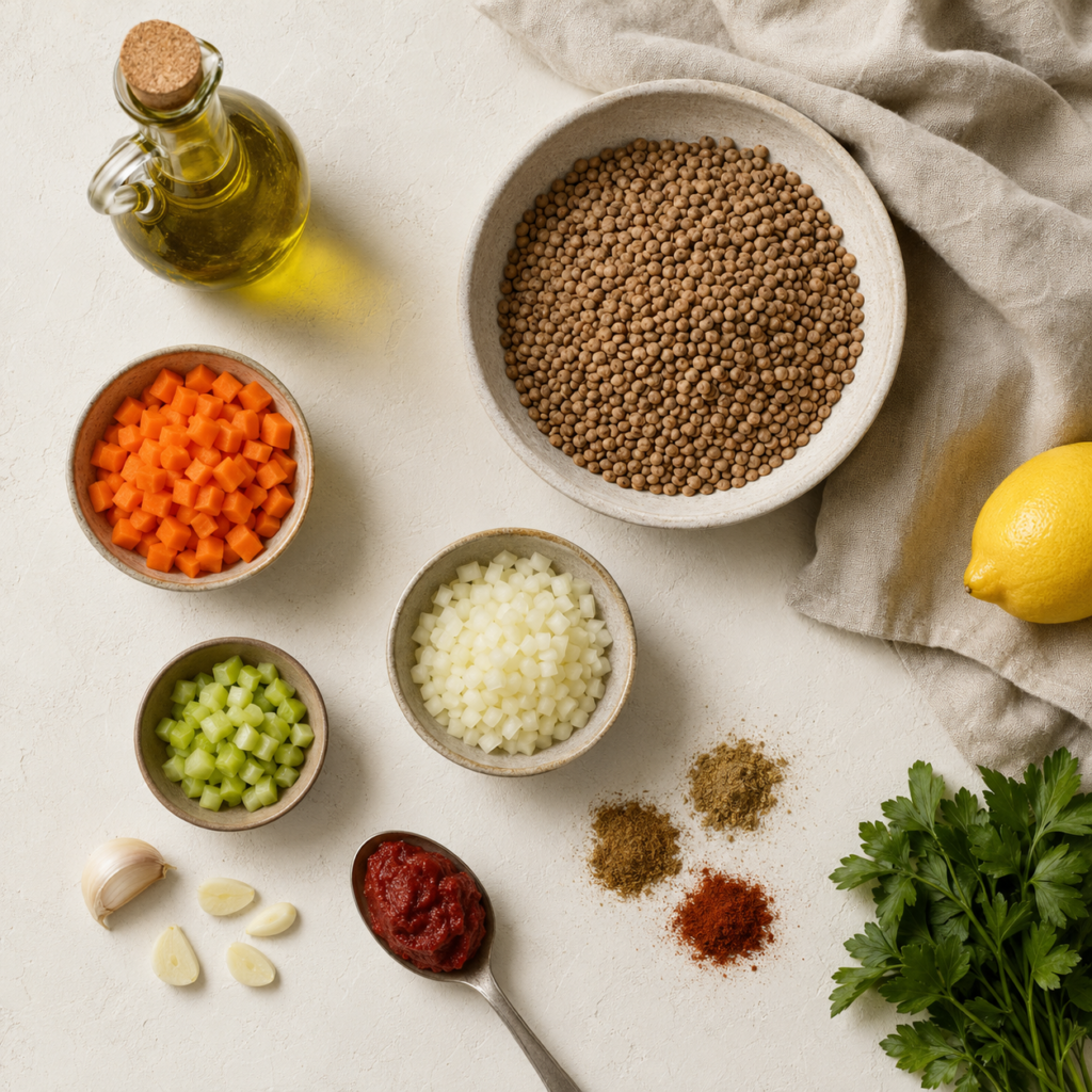 Brown lentils, carrots, celery, onion, garlic, canned tomatoes, and ground spices arranged in small dishes