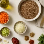 Brown lentils, carrots, celery, onion, garlic, canned tomatoes, and ground spices arranged in small dishes