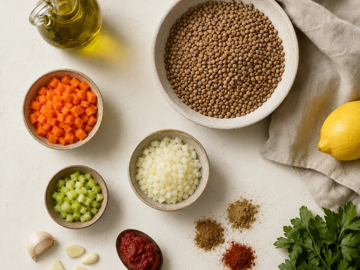 Brown lentils, carrots, celery, onion, garlic, canned tomatoes, and ground spices arranged in small dishes