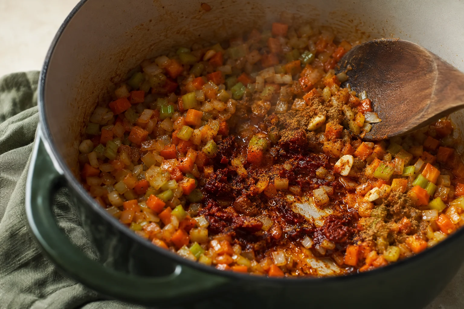 Tomato paste and ground spices darkening in olive oil with diced vegetables in a Dutch oven